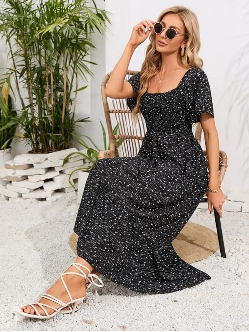 Black And White Print Square-Neck Maxi Dress XL